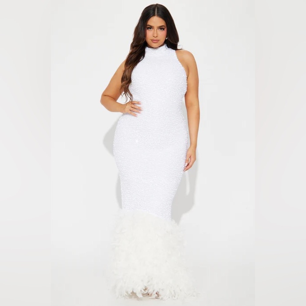 Fashion Nova White Feathered Gown